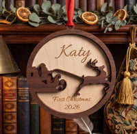 Baby's First Christmas Ornament | Santa Sleigh | Custom Laser Engraved Maple Wood
