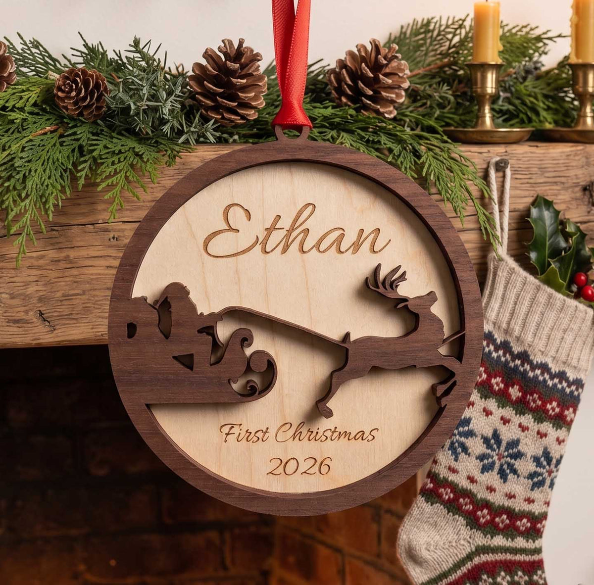 Baby's First Christmas Ornament | Santa Sleigh | Custom Laser Engraved Maple Wood