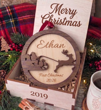 Baby's First Christmas Ornament | Santa Sleigh | Custom Laser Engraved Maple Wood