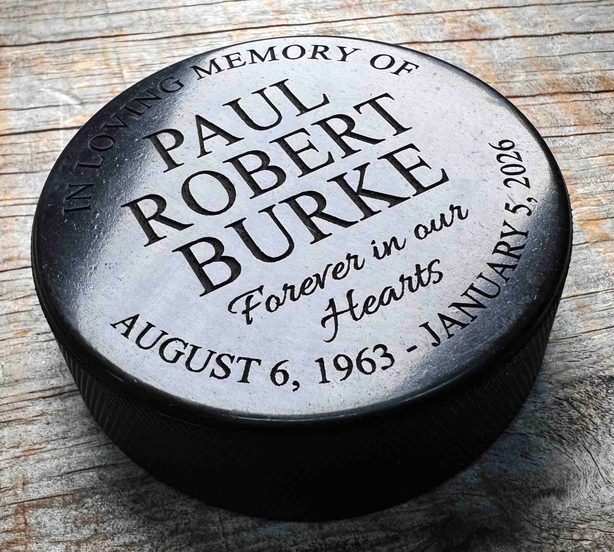 Memorial Hockey Puck with custom engraving. 
