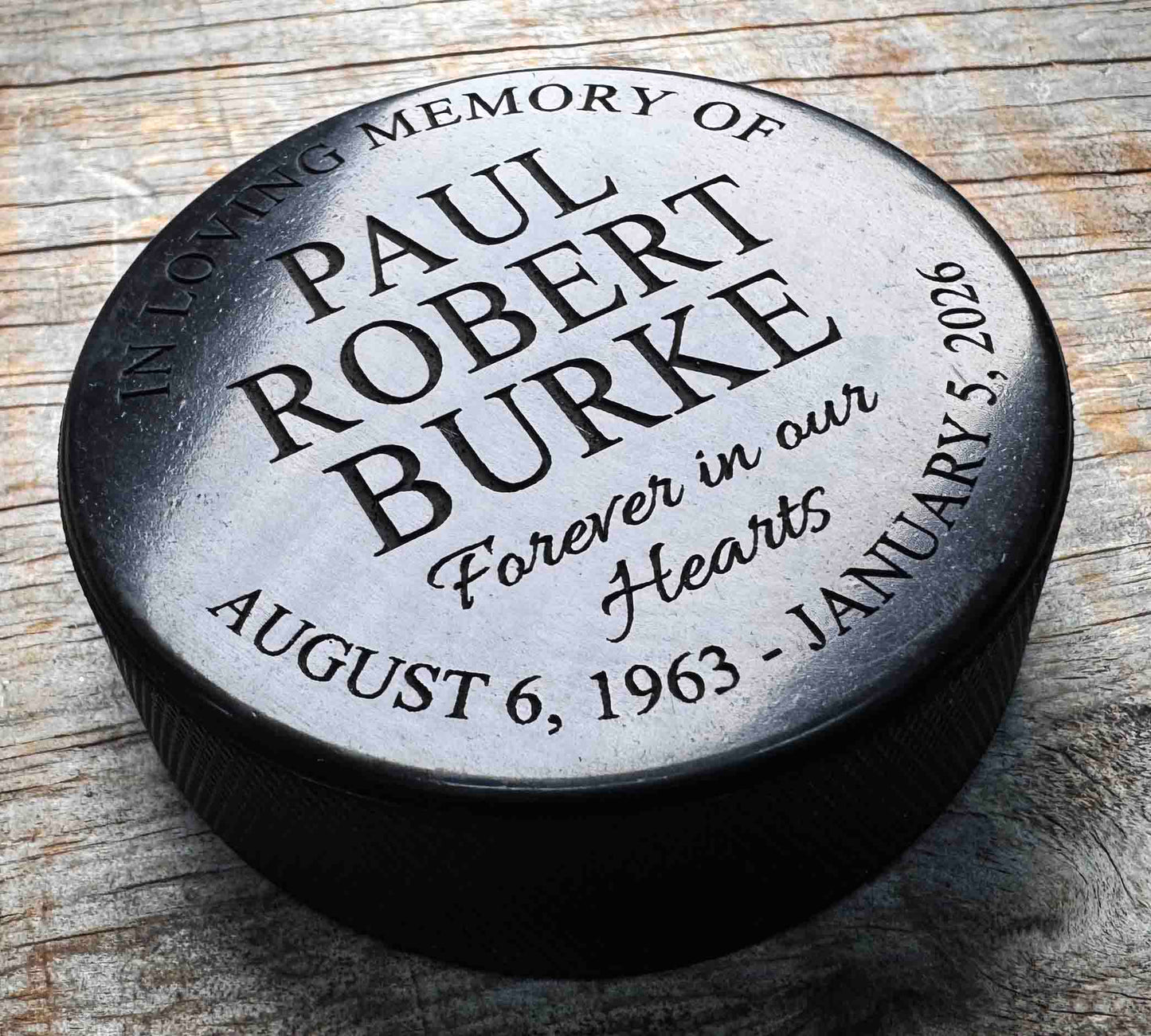 Memorial Hockey Puck with custom engraving. 