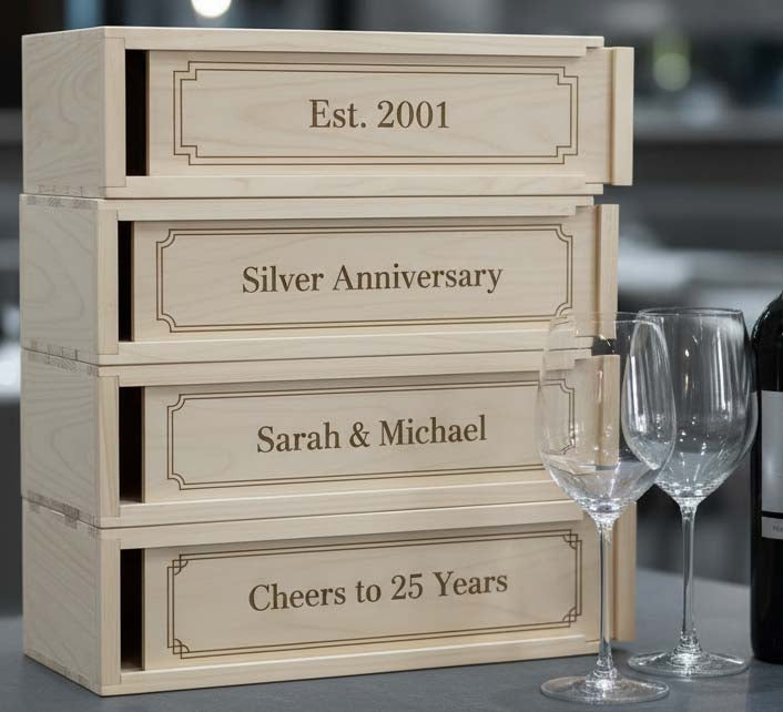 Custom Laser Engraved 4 Bottle Wine Box | Personalized Anniversary Wine Gift Box