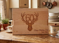 Personalized maple cutting board engraved with deer, milestone birthday age and custom message