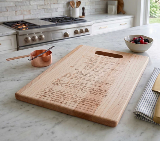 Handwritten Recipe Cutting Board | Engraved Canadian Solid Maple Cut Out Handle