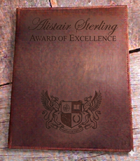 Professional leather certificate cover made in Canada featuring secure corner tabs and personalized laser engraving for