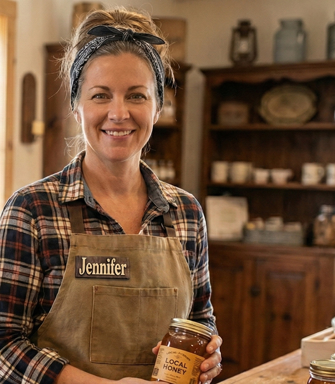 Woman in a plaid shirt and brown apron holding a jar of local honey in a rustic setting.