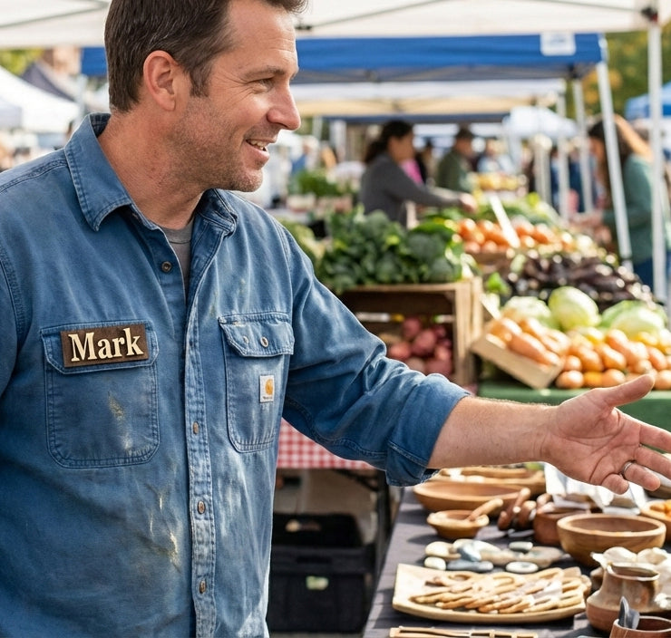 Man named Mark in a blue shirt at an outdoor farmers market