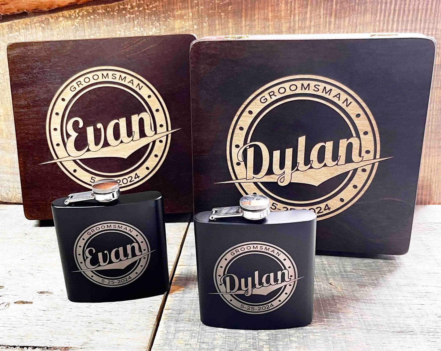 Personalized Flask & Custom Engraved Wooden Box Set