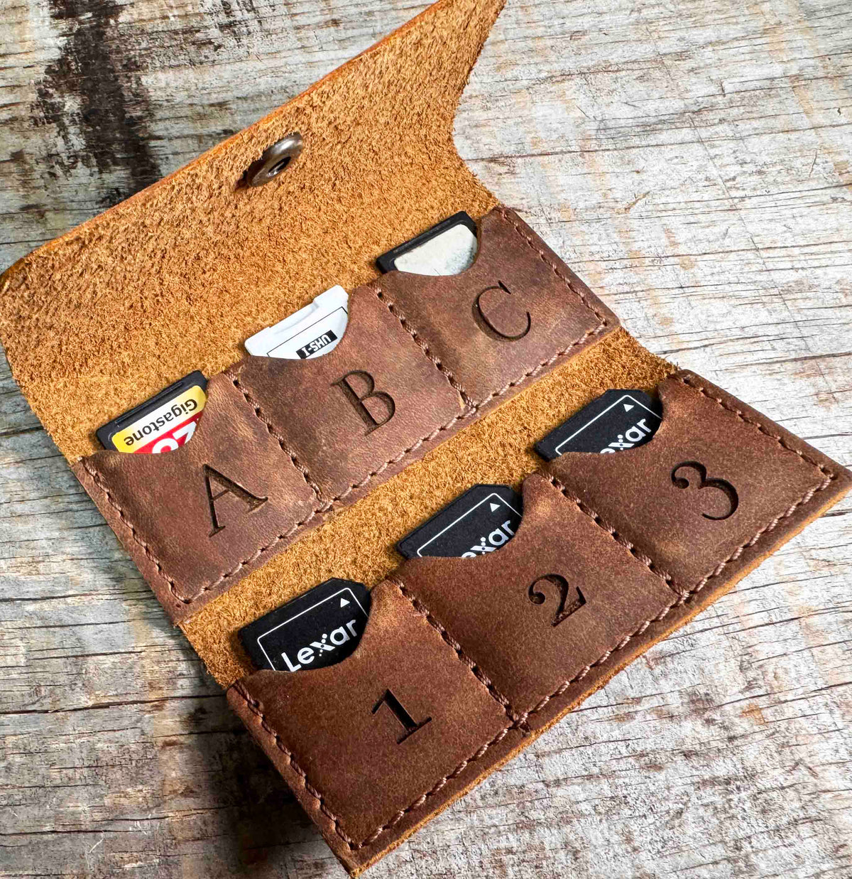 Custom Engraved Leather SD Card Holder - 6 Slot Memory Card Organizer Memories Made Custom