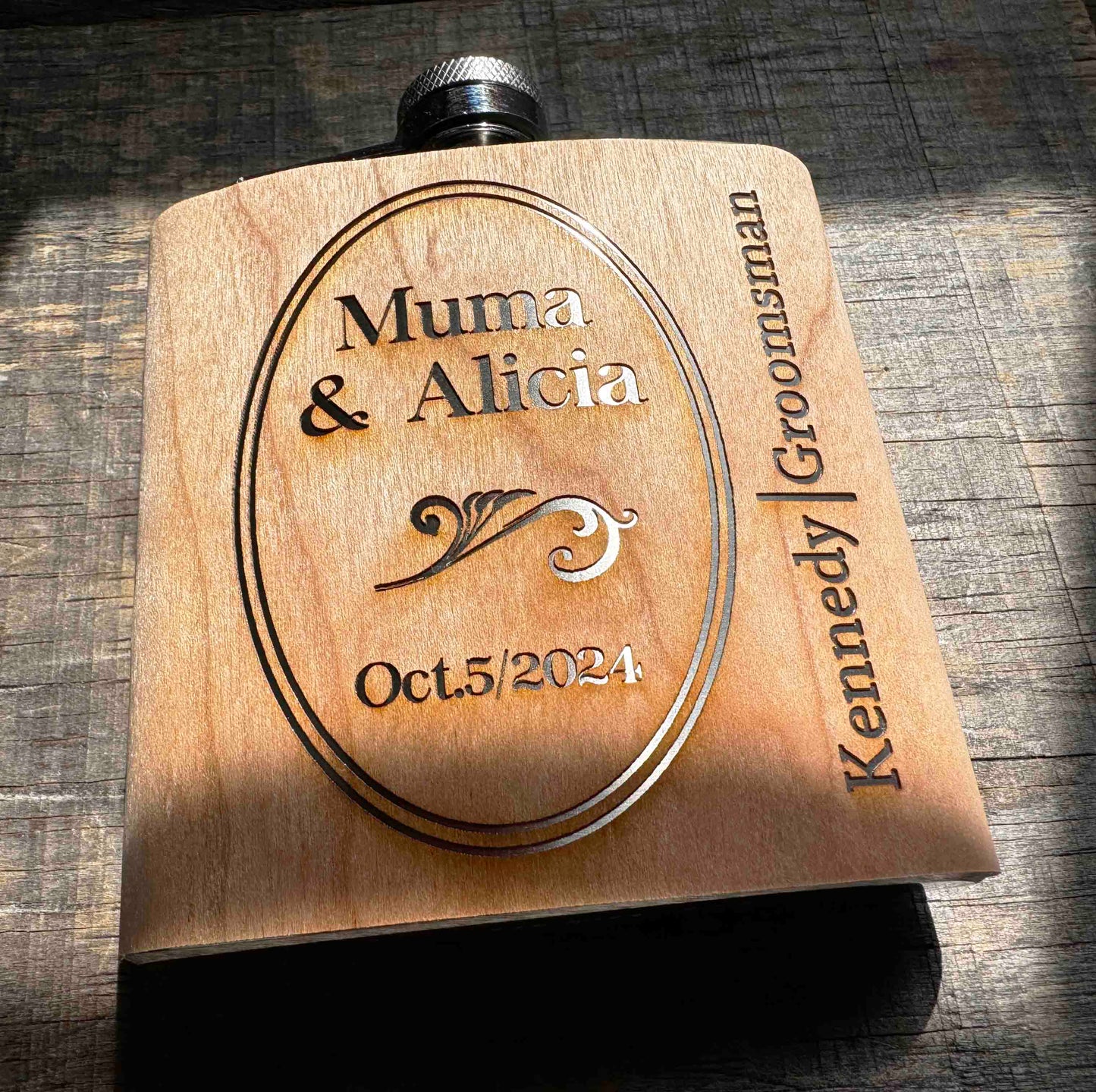 Cherry Wood Engraved Flask Design 1