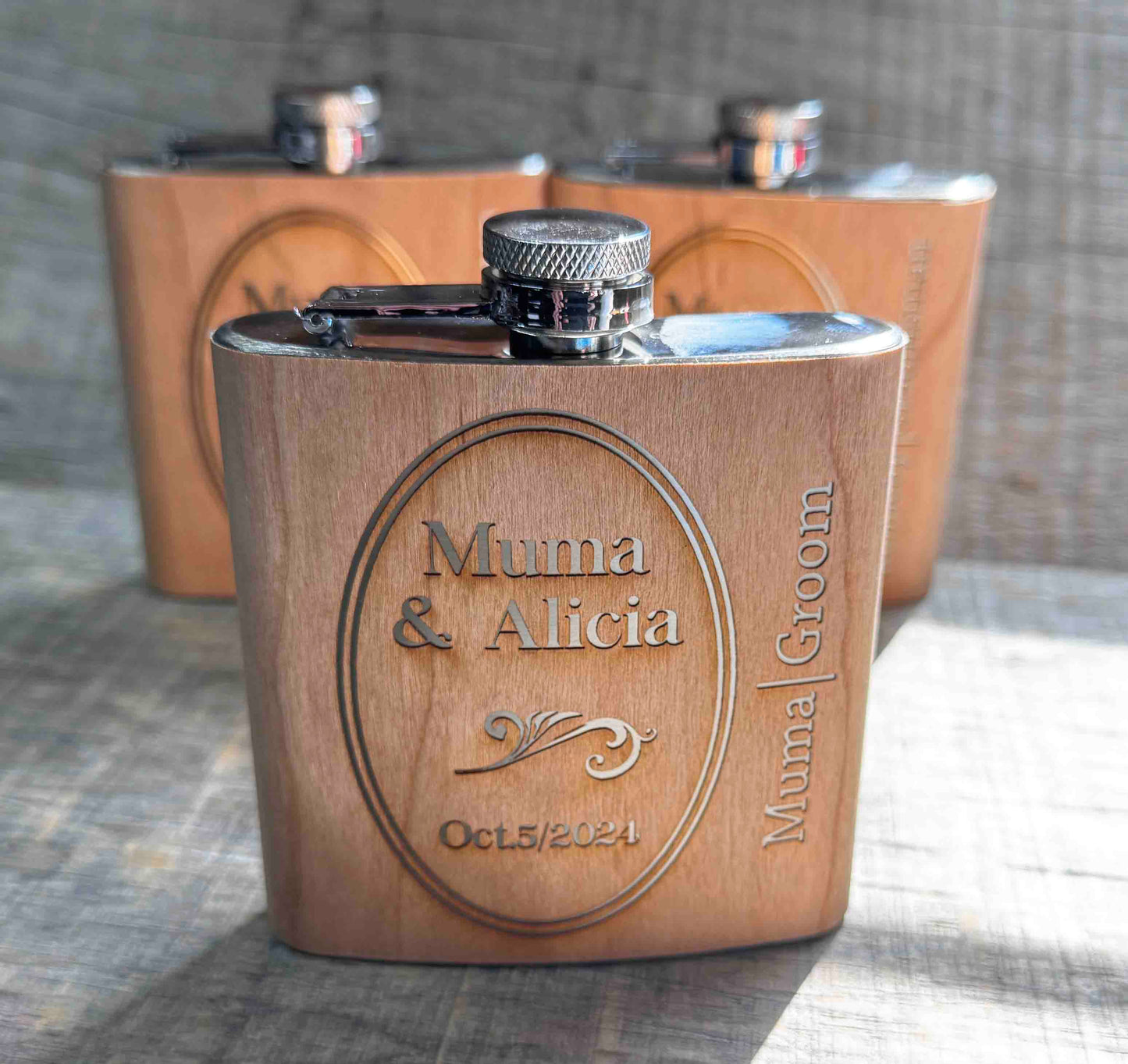 Cherry Wood Engraved Flask Design 1