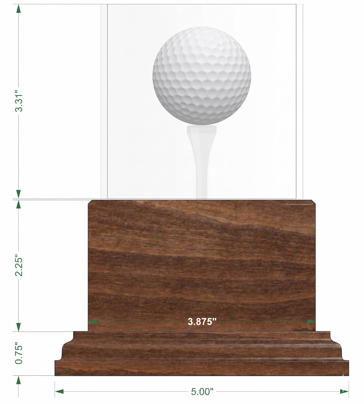 Golf ball on a tee with wooden block and measurements