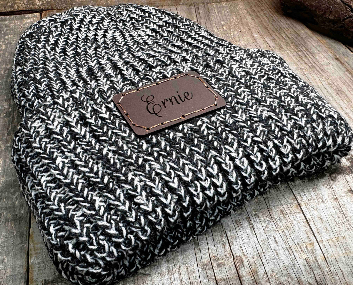 Chunky Knit Hat with Custom Leather Patches Memories Made Custom