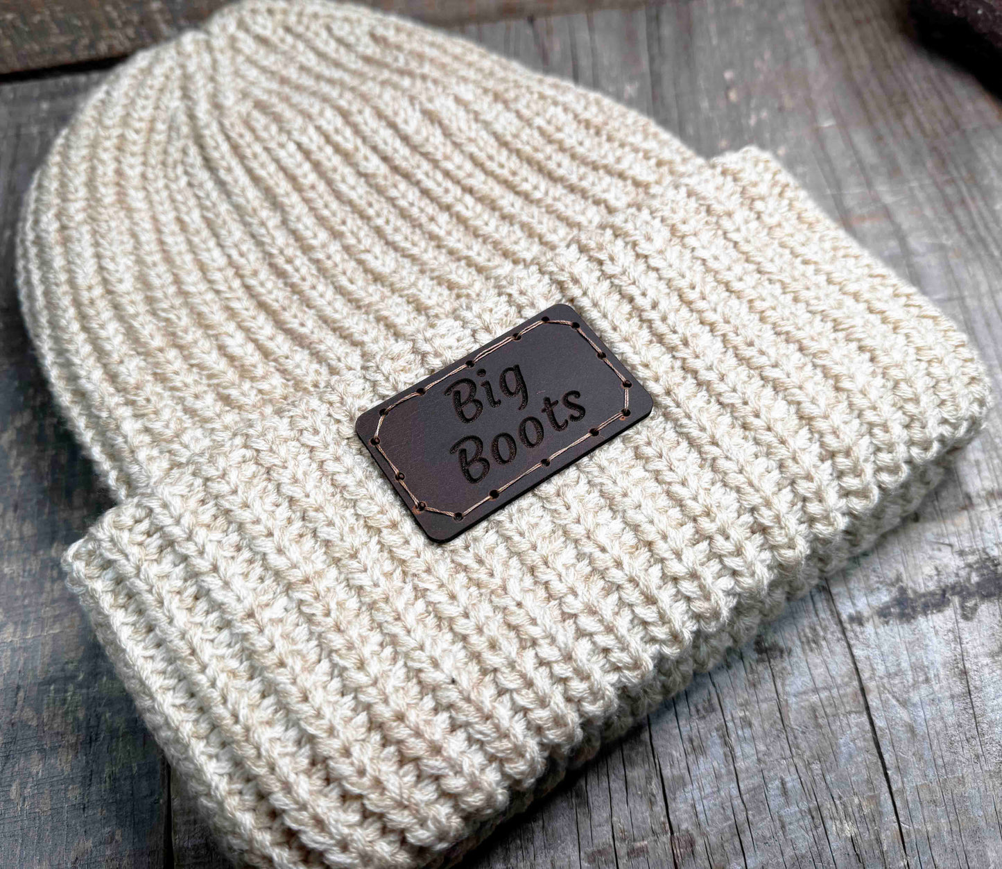 Chunky Knit Hat with Custom Leather Patches