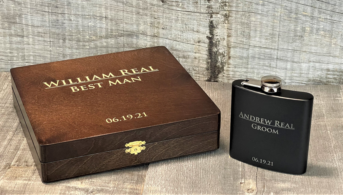 Personalized Flask & Custom Engraved Wooden Box Set