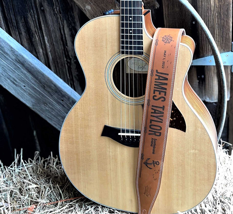 Engraved Leather Guitar Strap | Personalized Butter Leather Double Stitching