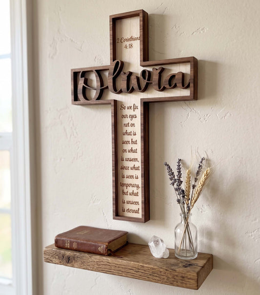 Custom Engraved Dual Layer Wooden Cross | Maple & Walnut | Personalized Faith Gift