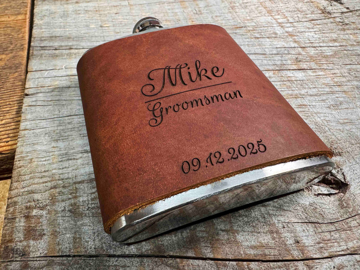 Cowboy Leather Engraved Flasks - Custom Design Memories Made Custom