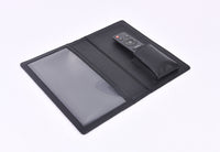 Personalized black full-grain leather TV remote case with custom embossed Memories Made logo for luxury home organization.