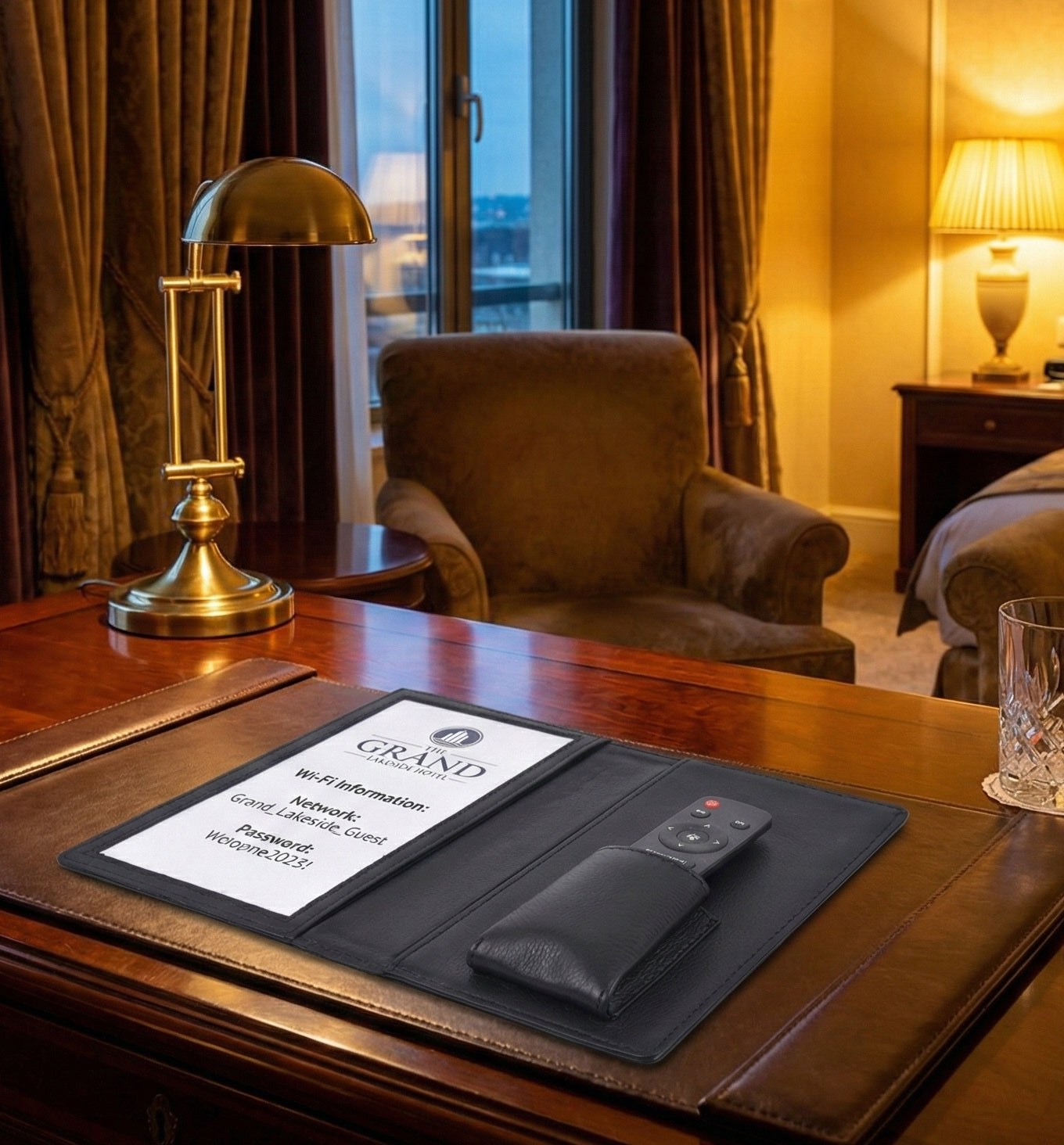 Personalized black full-grain leather TV remote case with custom embossed Memories Made logo for luxury home organization.