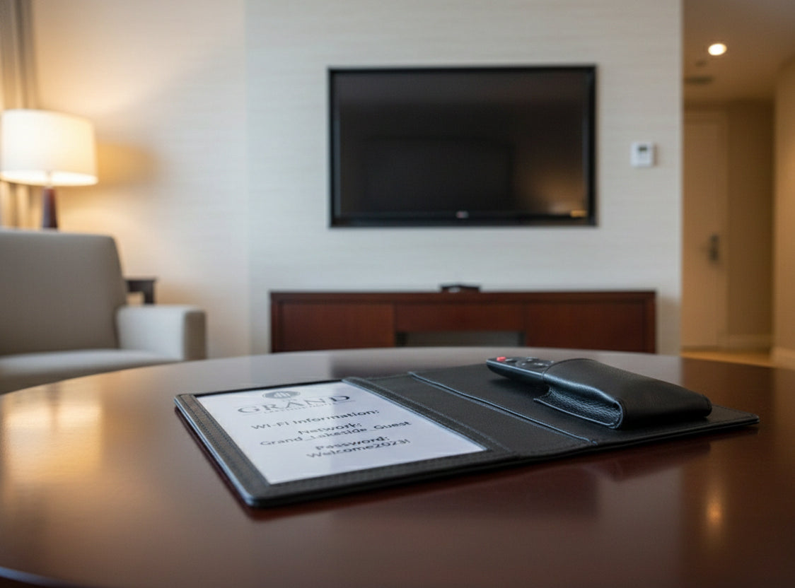 Personalized black full-grain leather TV remote case with custom embossed Memories Made logo for luxury home organization.