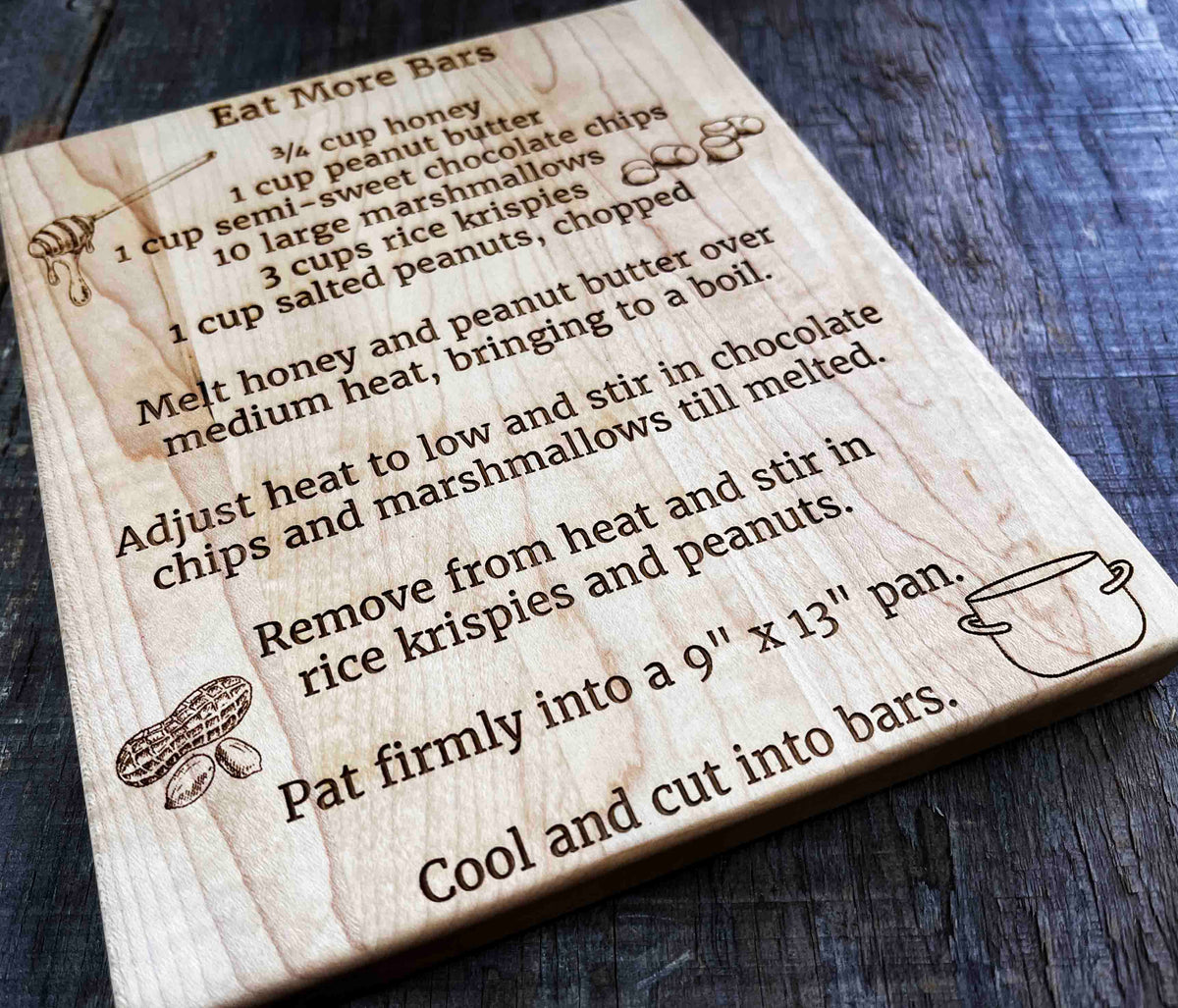 Recipe Engraved MINI WOOD CUTTING BOARD WITH ROUNDED CORNERS AND EDGES 7" X 8" X ¾" Memories Made Custom