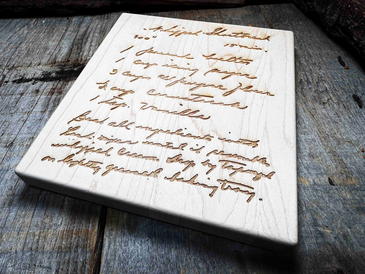 Recipe Engraved MINI WOOD CUTTING BOARD WITH ROUNDED CORNERS AND EDGES 7" X 8" X ¾" Memories Made Custom