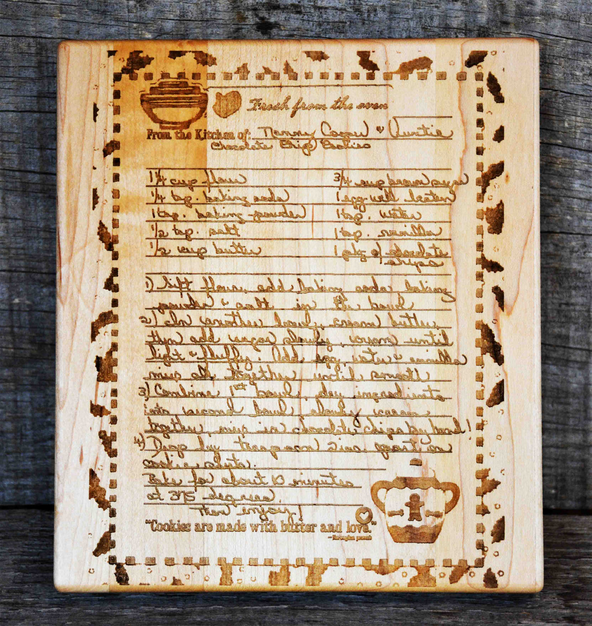 Recipe Engraved MINI WOOD CUTTING BOARD WITH ROUNDED CORNERS AND EDGES 7" X 8" X ¾" Memories Made Custom