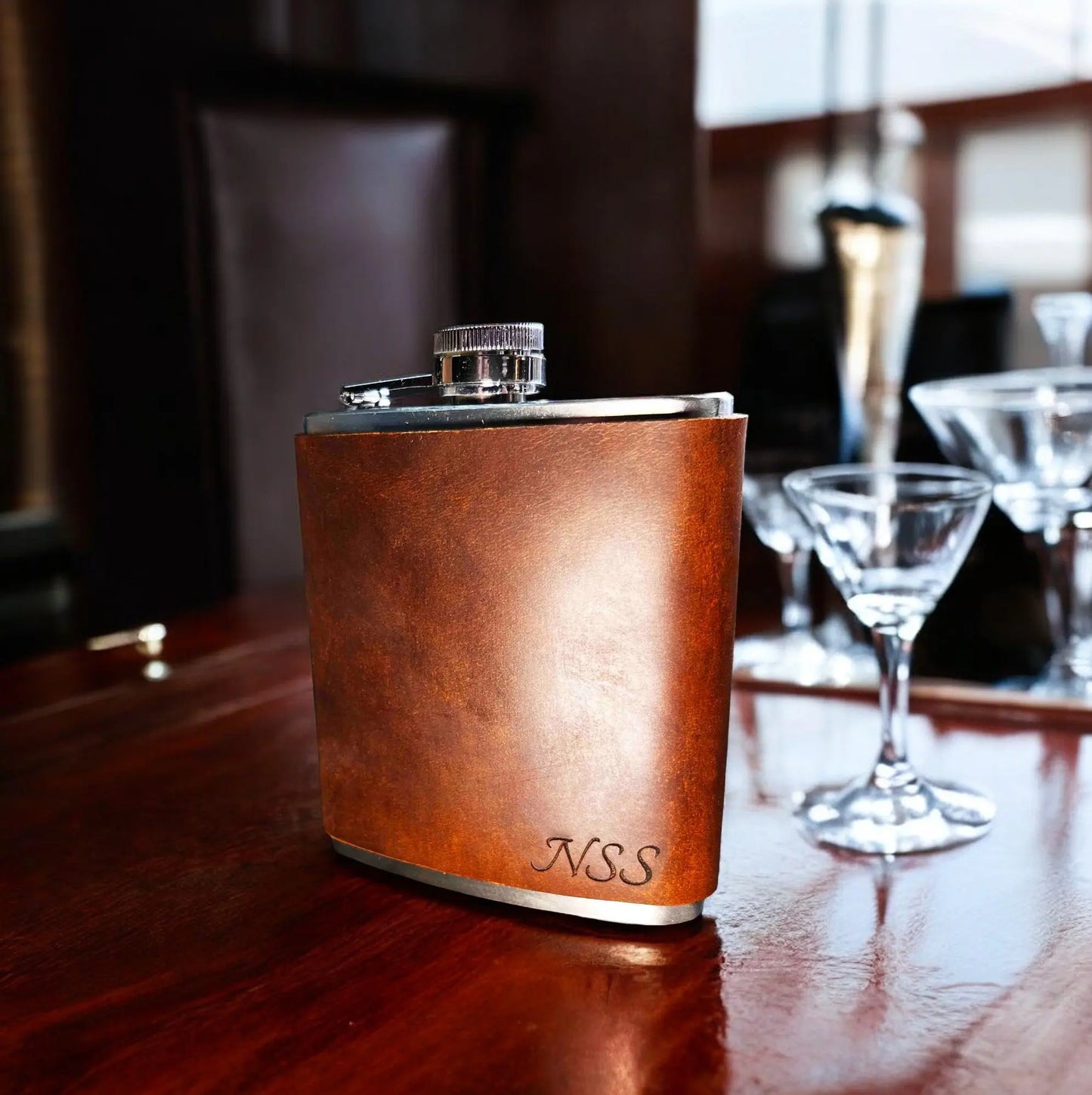 Cowboy Leather Engraved Flasks with engraved initials Memories Made Custom