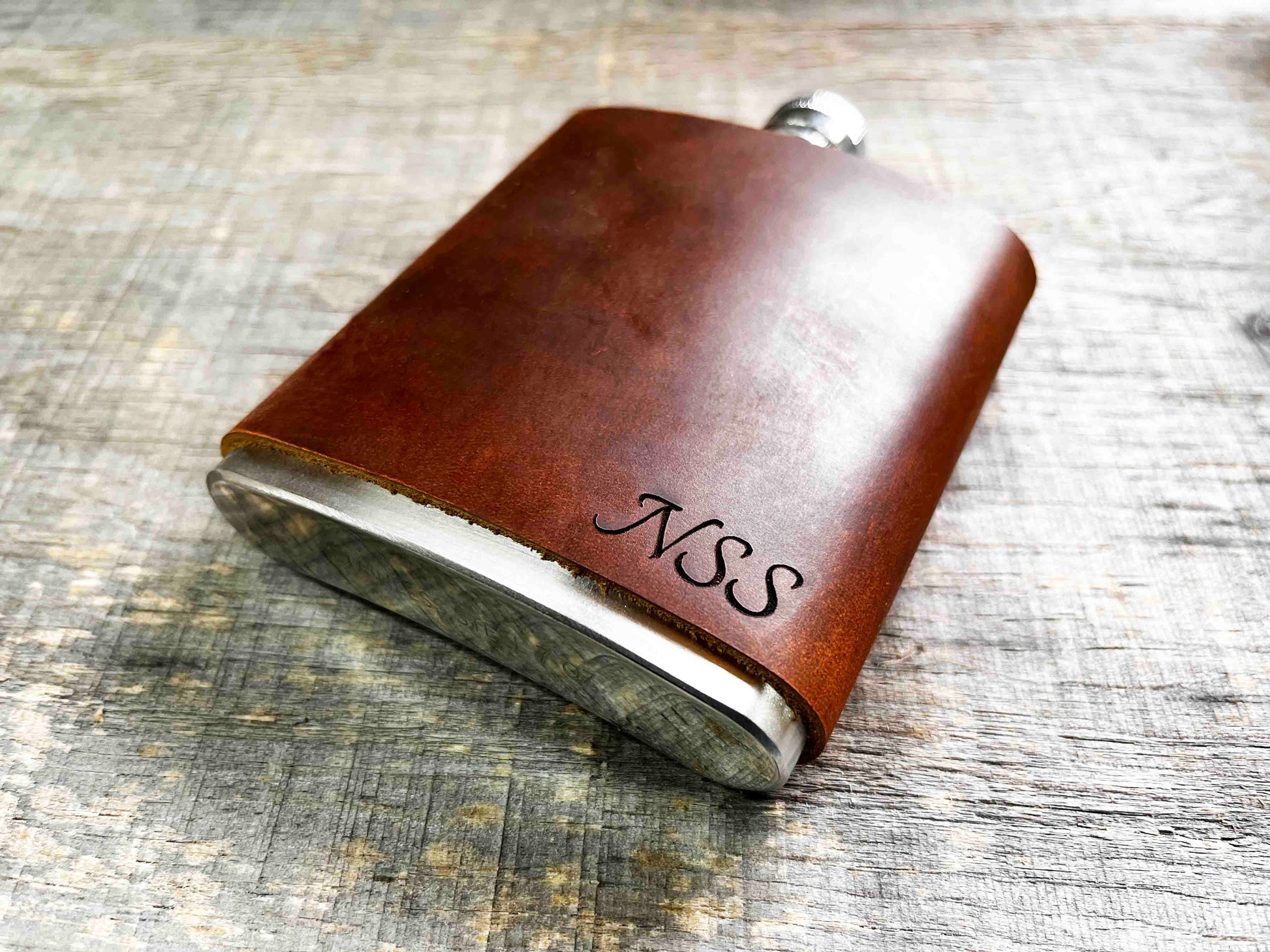 Cowboy Leather Engraved Flasks with engraved initials Memories Made Custom