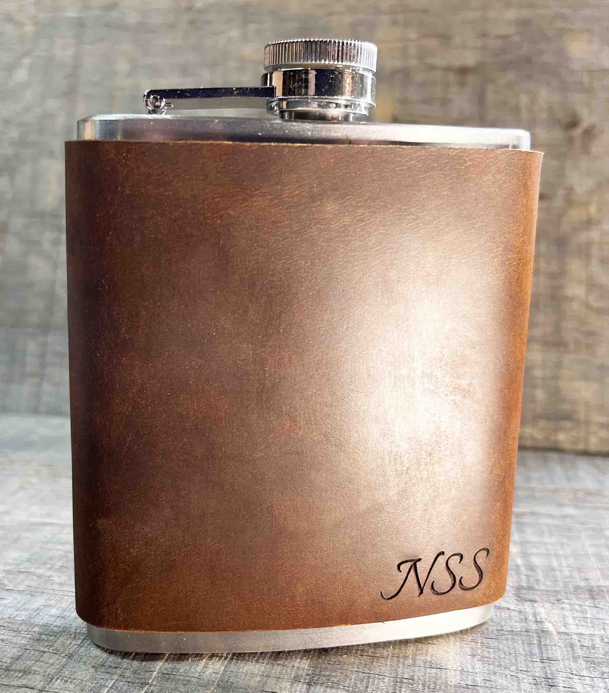 Cowboy Leather Engraved Flasks with engraved initials Memories Made Custom