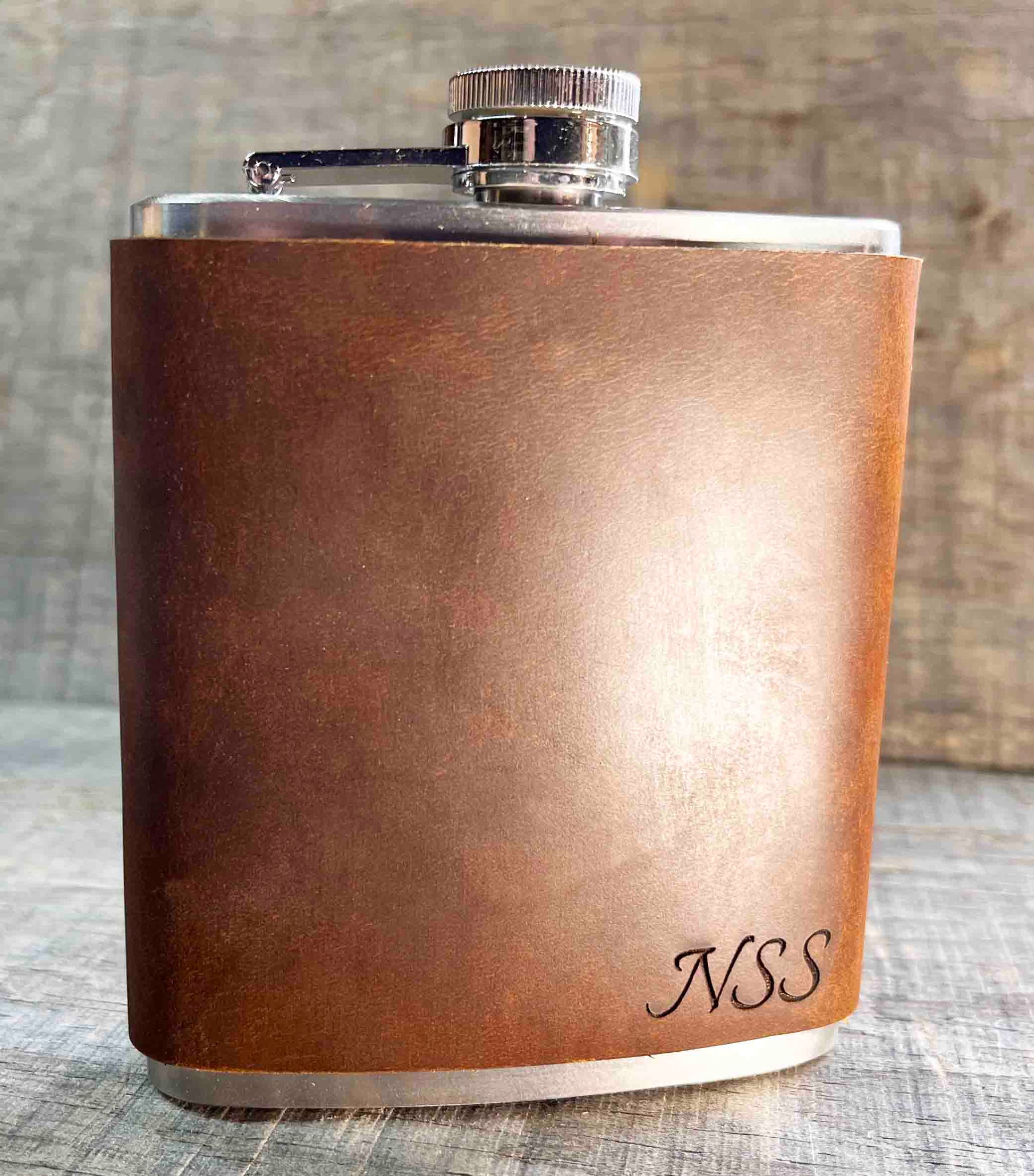 Cowboy Leather Engraved Flasks with engraved initials Memories Made Custom