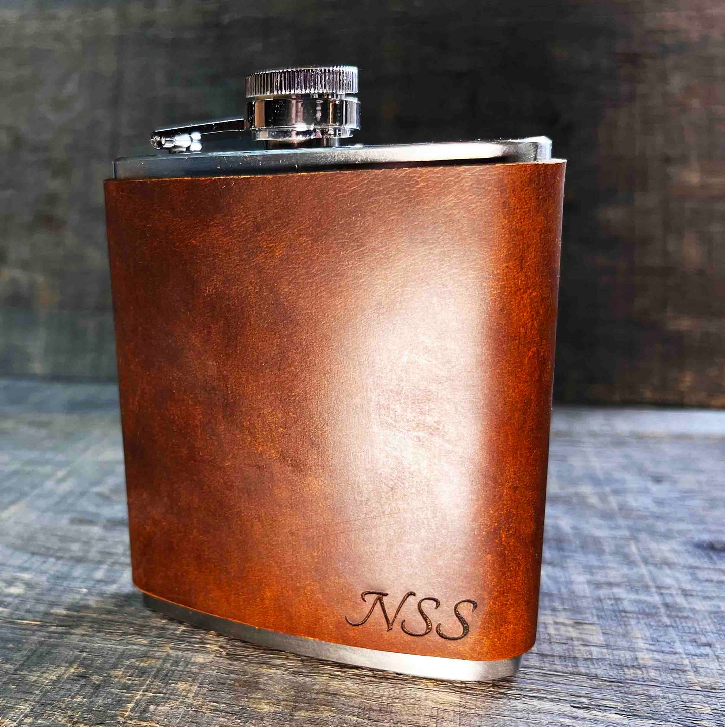 Cowboy Leather Engraved Flasks with engraved initials Memories Made Custom