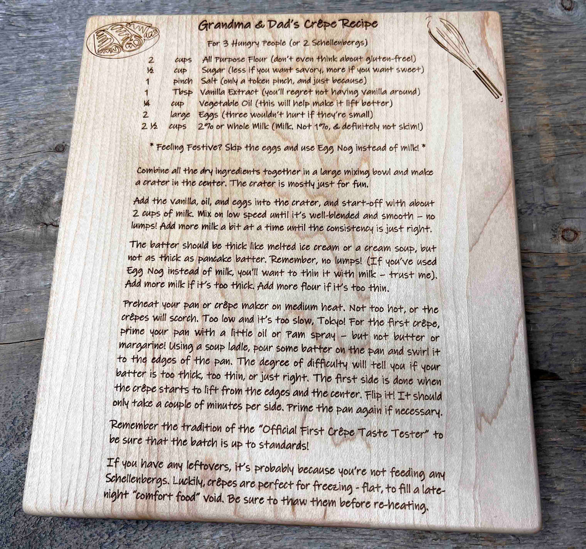 Recipe Engraved MINI WOOD CUTTING BOARD WITH ROUNDED CORNERS AND EDGES 7" X 8" X ¾" Memories Made Custom