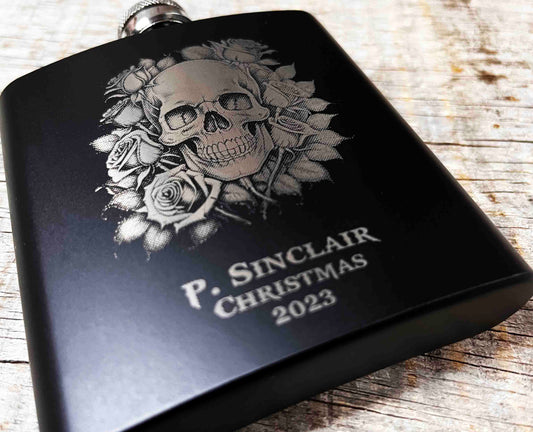 Custom Engraved Flask - Skull and Roses