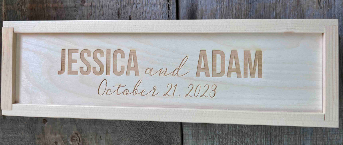 Custom Engraved Pine Wine Boxes - Design 29 Names and Date Memories Made Custom