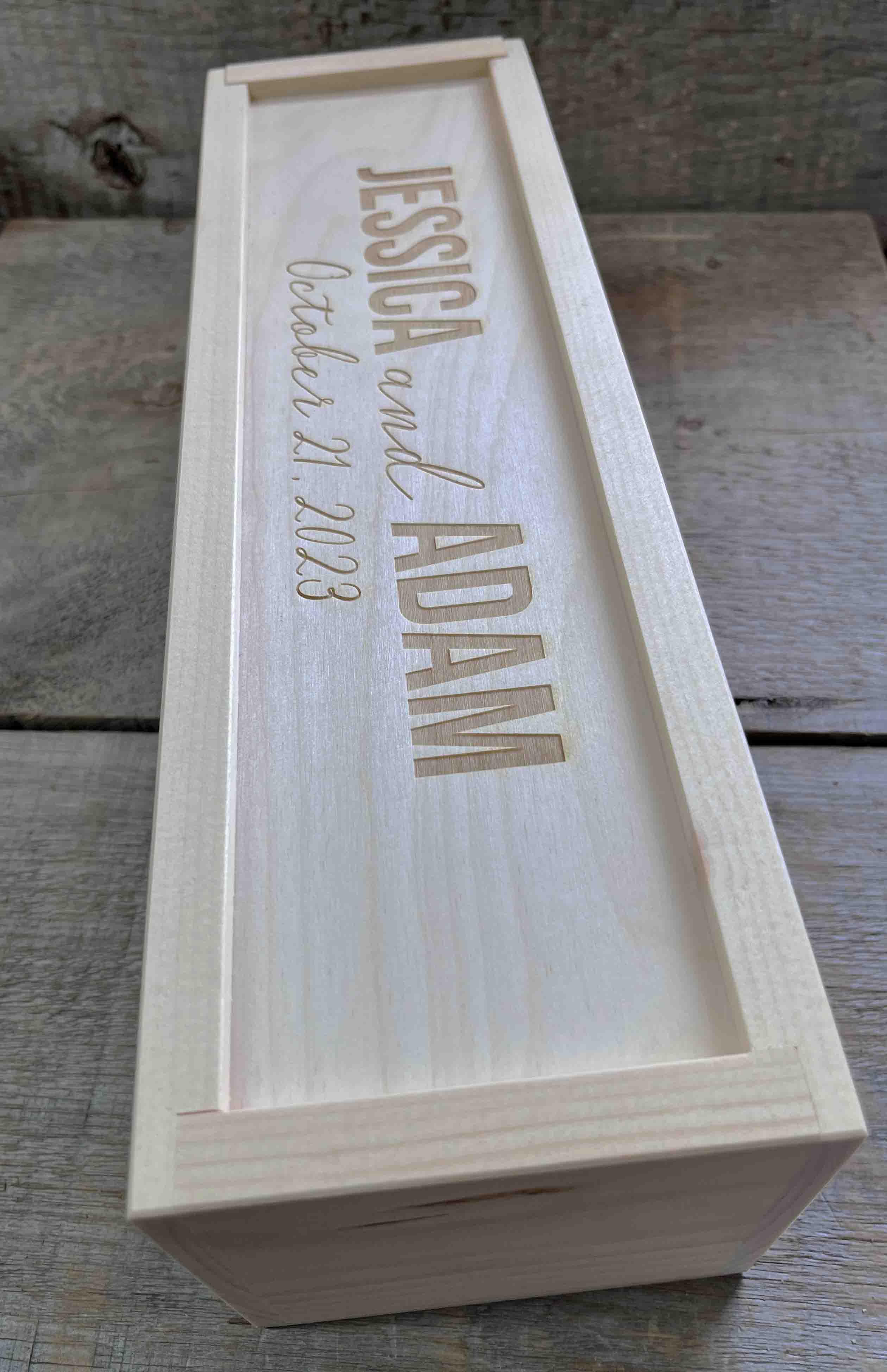 Custom Engraved Pine Wine Boxes - Design 29 Names and Date