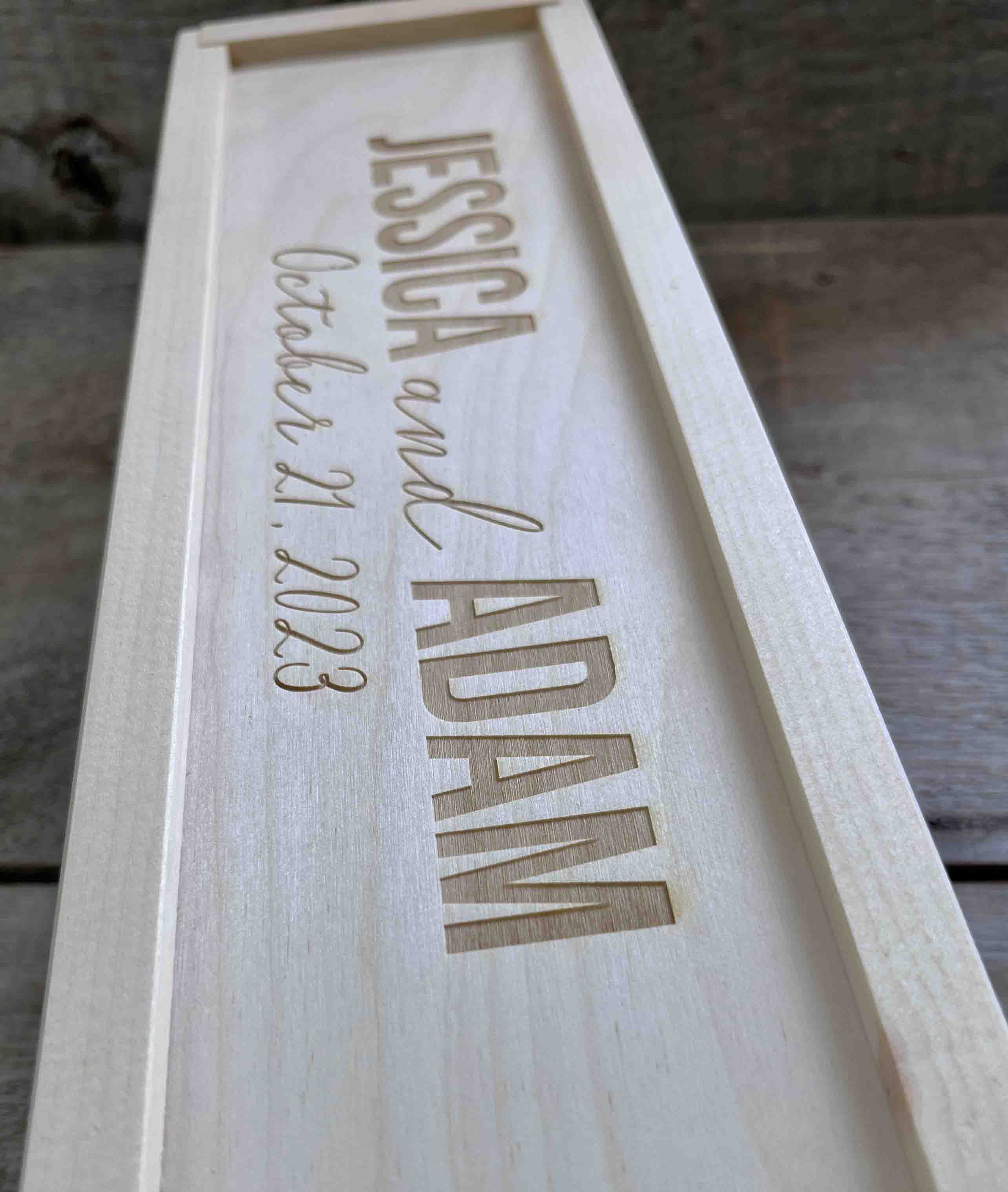 Custom Engraved Pine Wine Boxes - Design 29 Names and Date