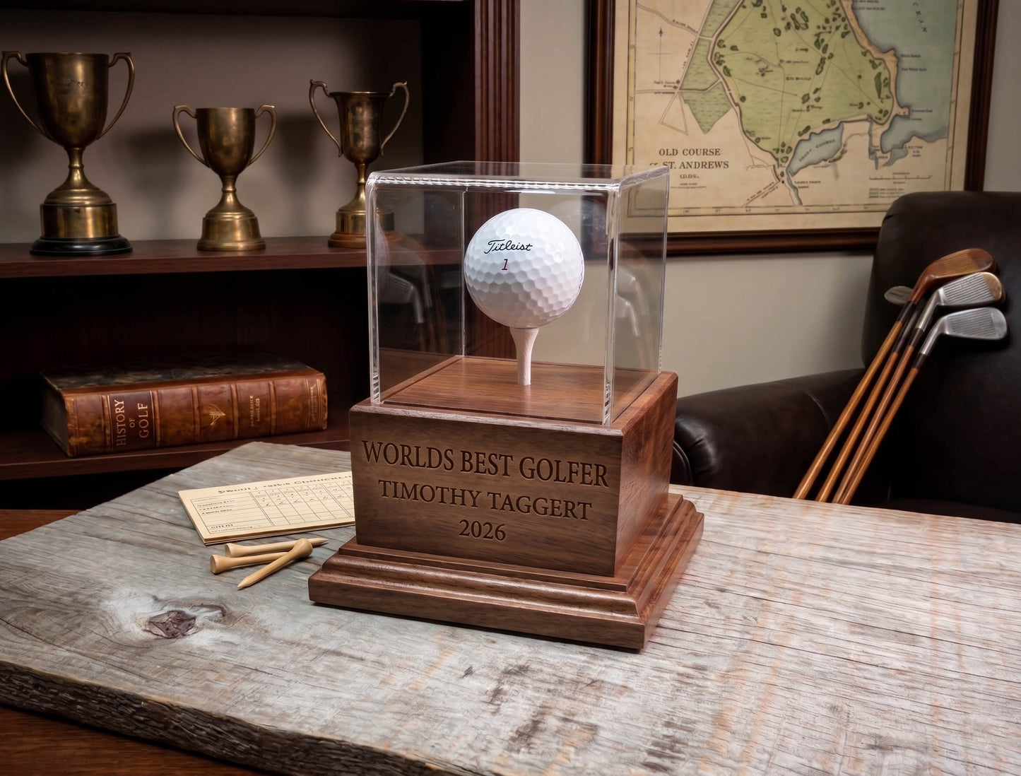 golf ball hole in one trophy case
