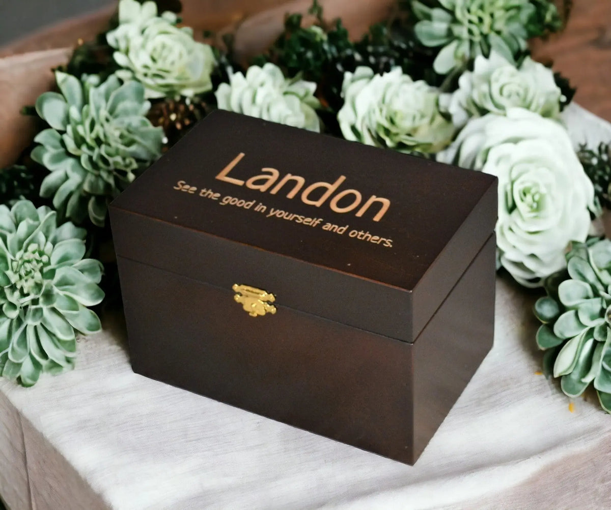 Custom Engraved Wooden Keepsake Box - Walnut Stain Memories Made Custom