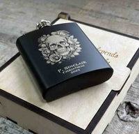 Personalized 6oz Stainless Steel Flask | Custom Engraved Groomsmen Gift | Skull and Roses Design
