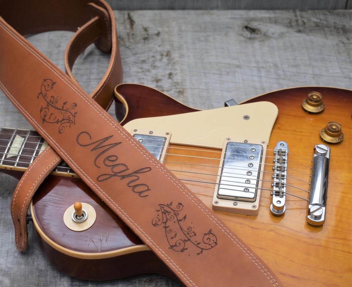 Engraved Leather Guitar Strap | Personalized Butter Leather Double Stitching