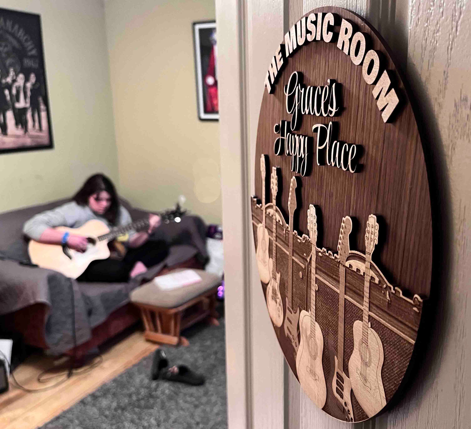 Wooden Dual Layer Music Room Sign.