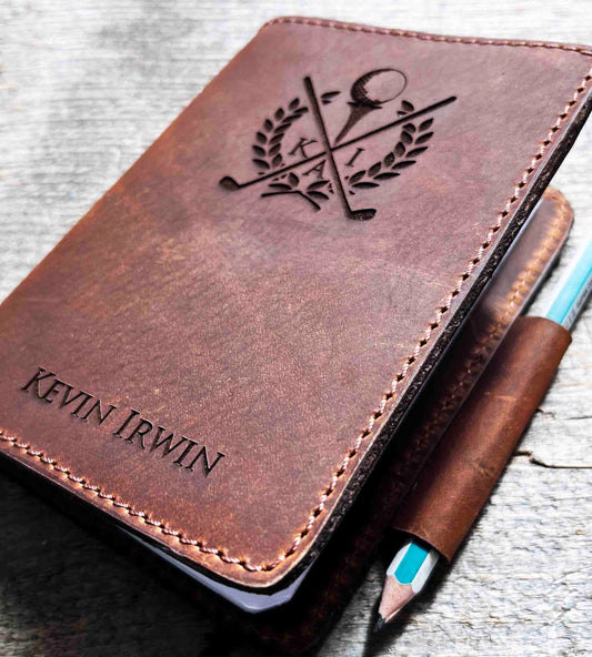 Refillable Golf Log Premium Leather Engraved.