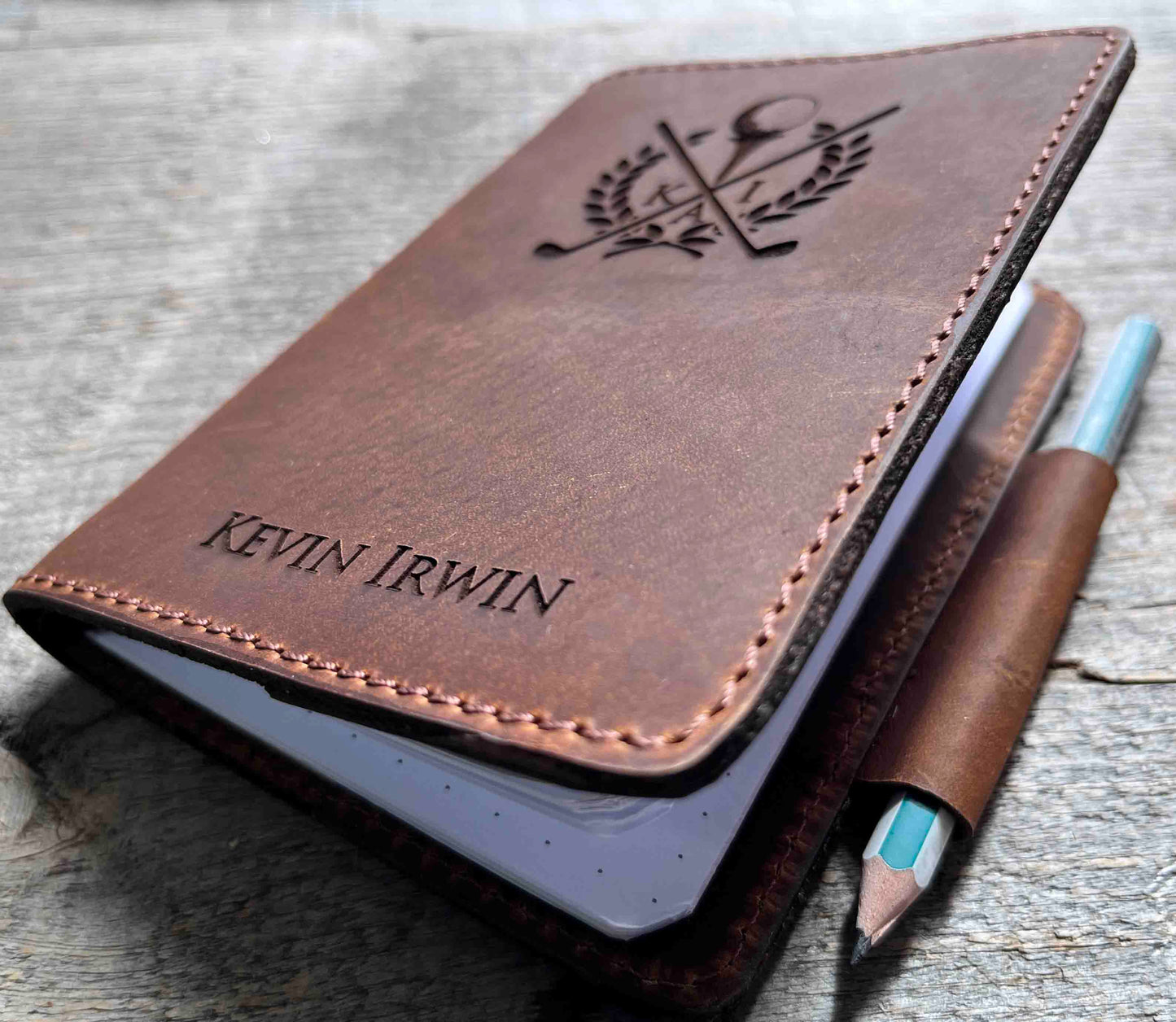 Refillable Golf Log Premium Leather Engraved.