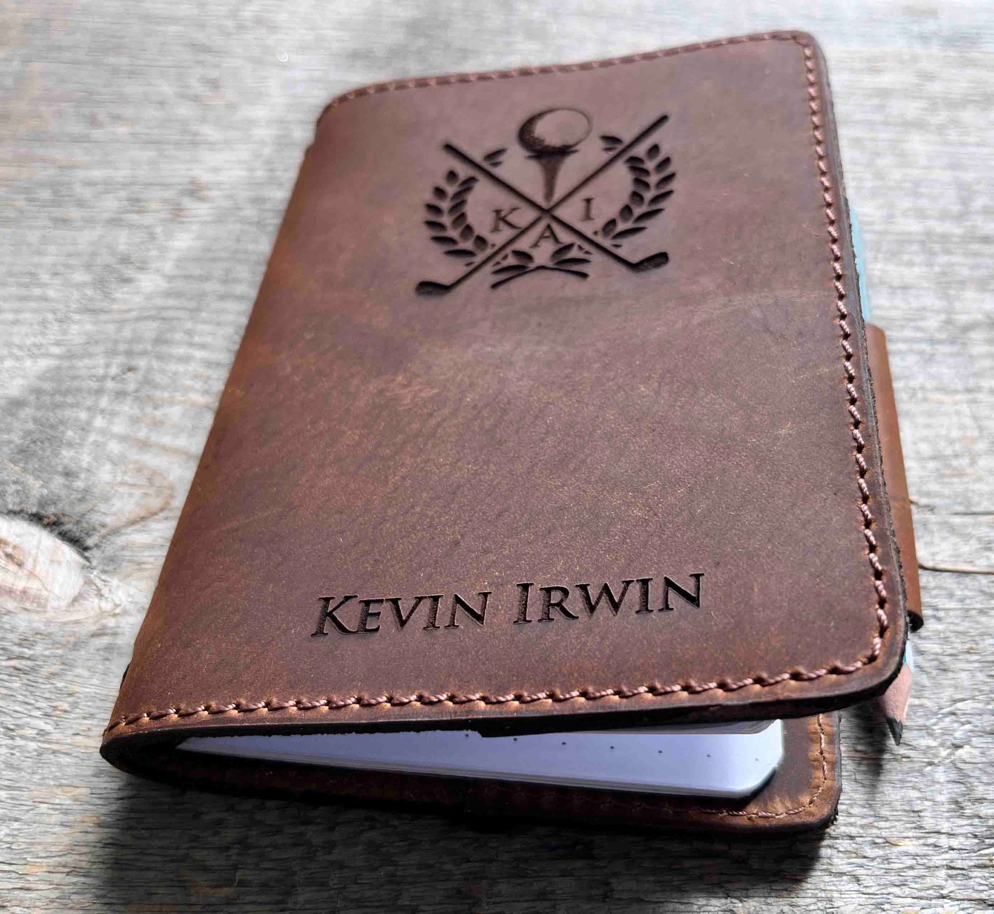 Refillable Golf Log Premium Leather Engraved.