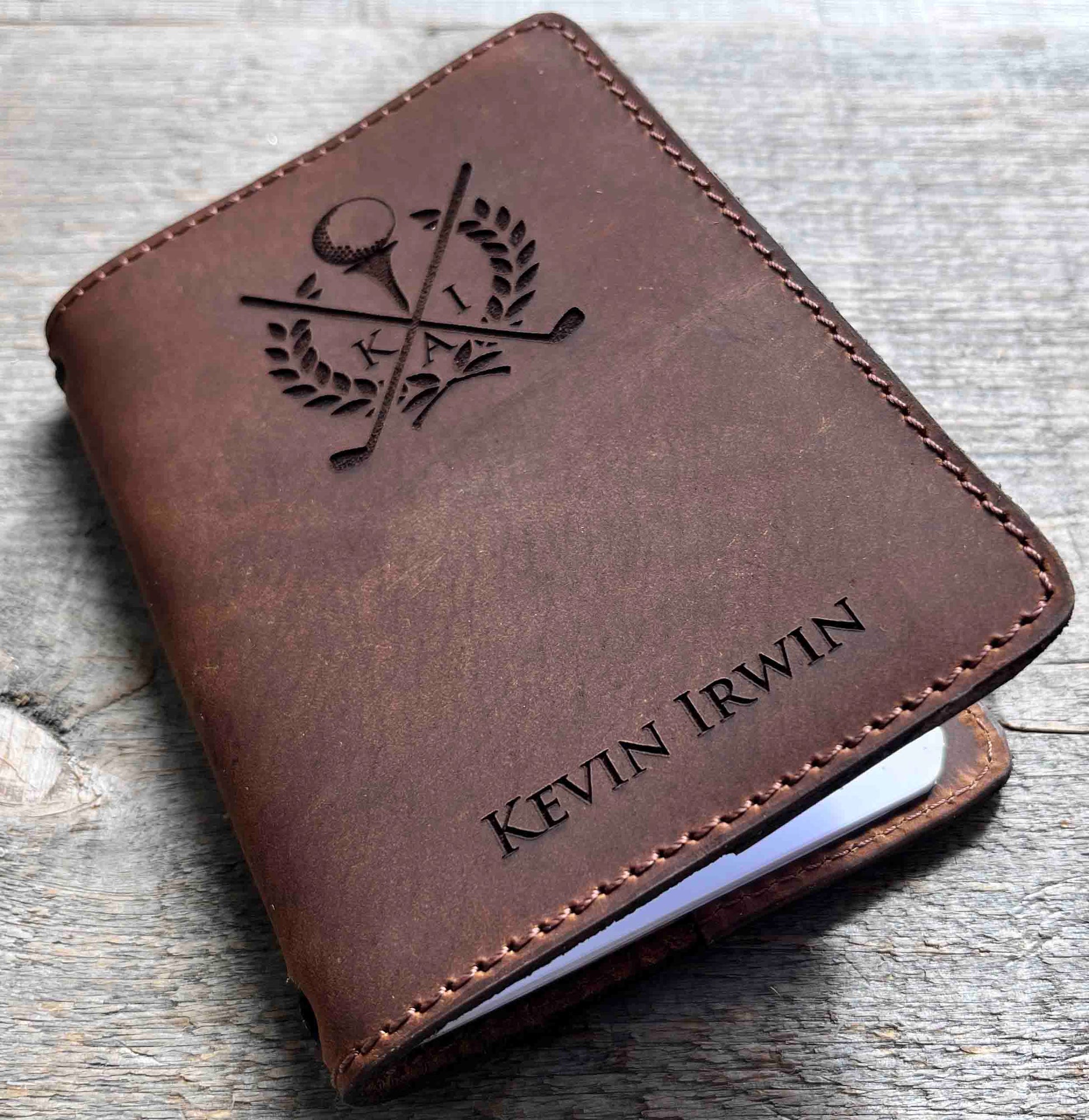 Refillable Golf Log Premium Leather Engraved.