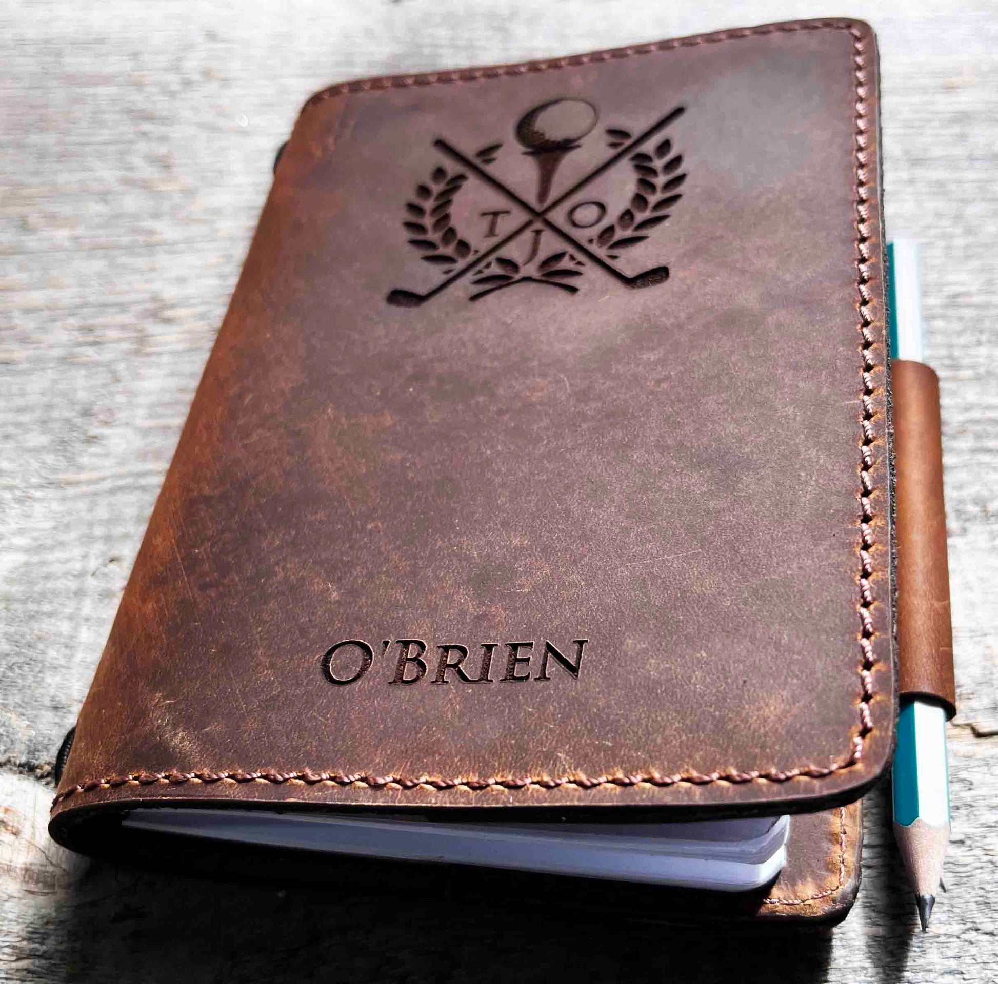 Refillable Golf Log Premium Leather Engraved.