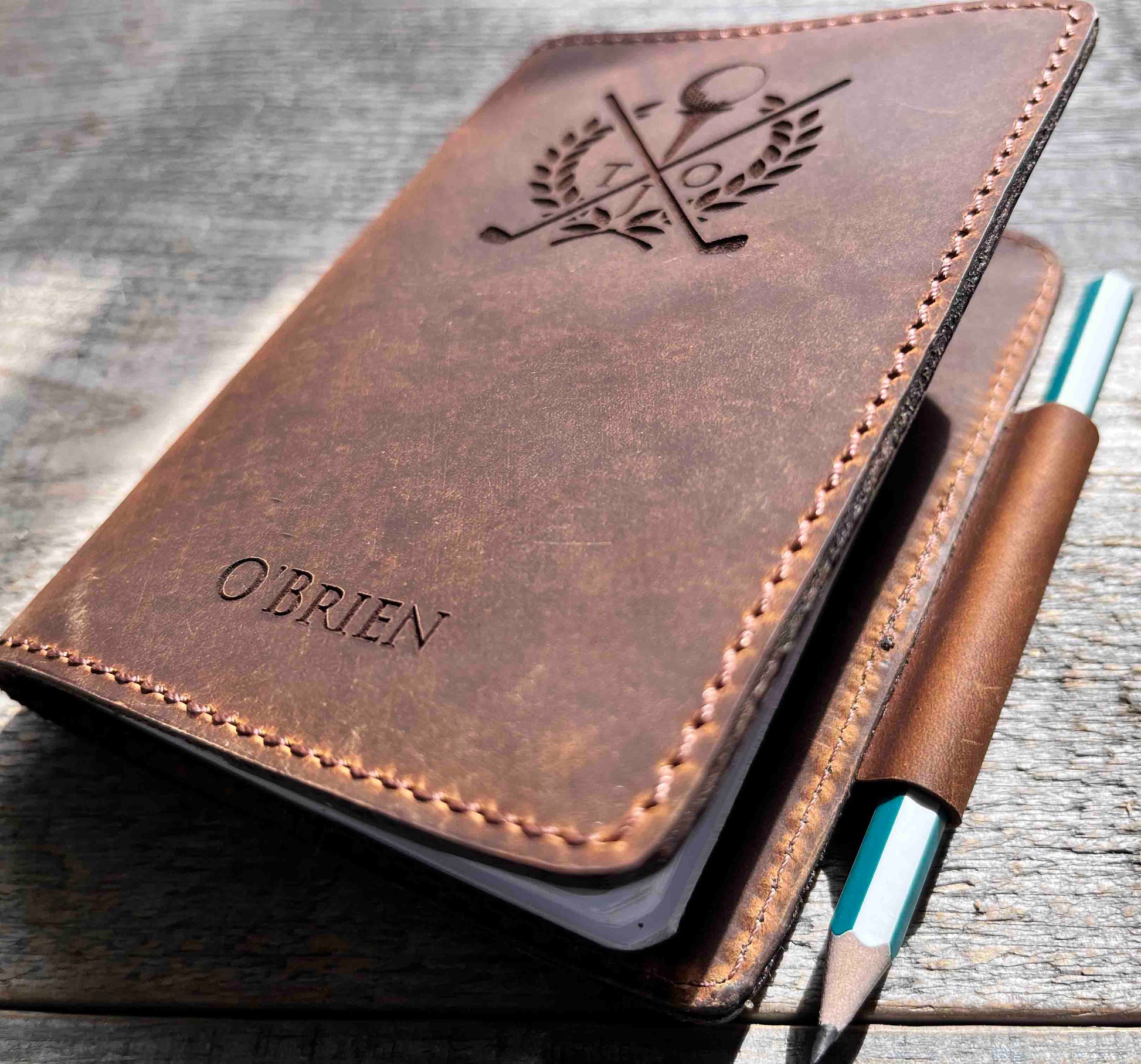 Refillable Golf Log Premium Leather Engraved.