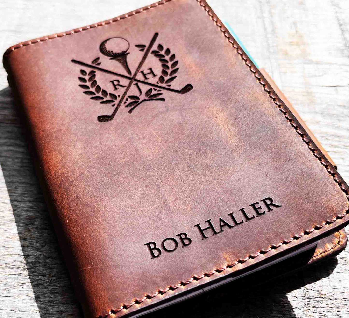 Refillable Golf Log Premium Leather Engraved.